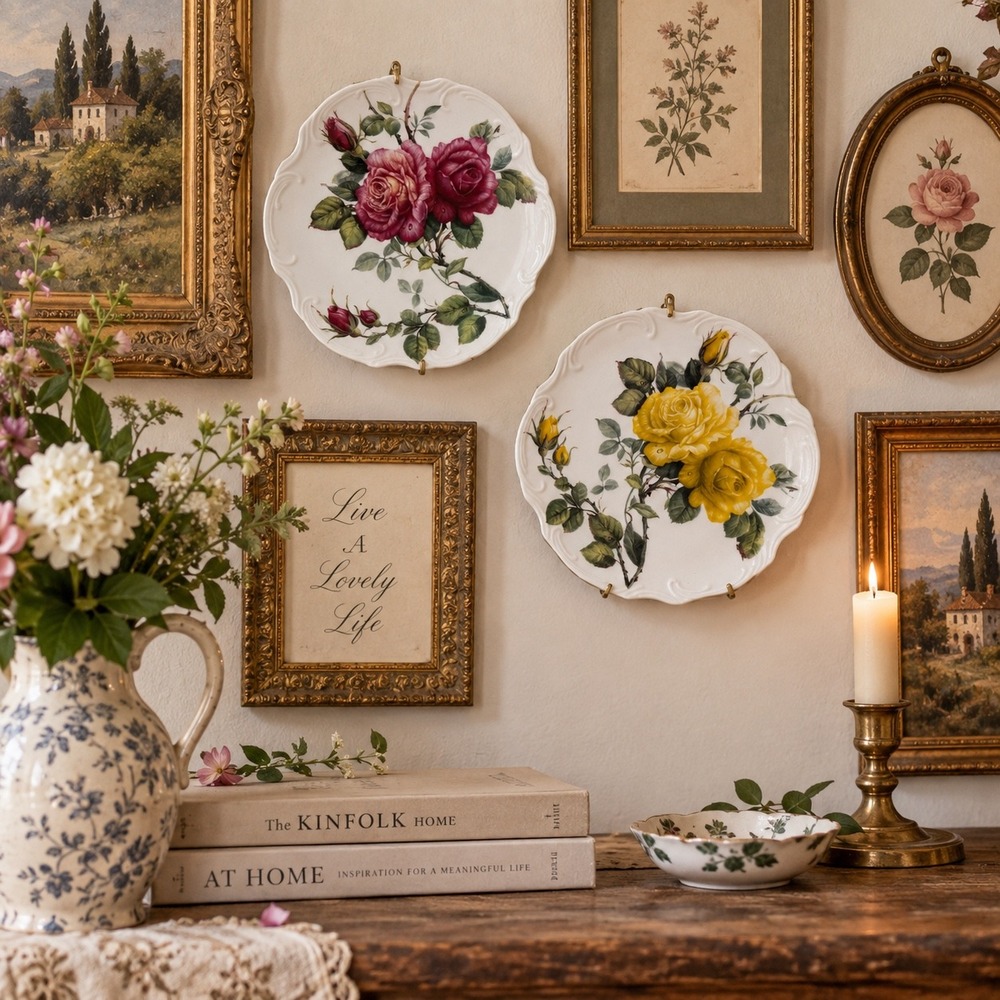Godinger Co Porcelain Wall Plates Set of 2 Multicolor Botanical Rose 6.25"